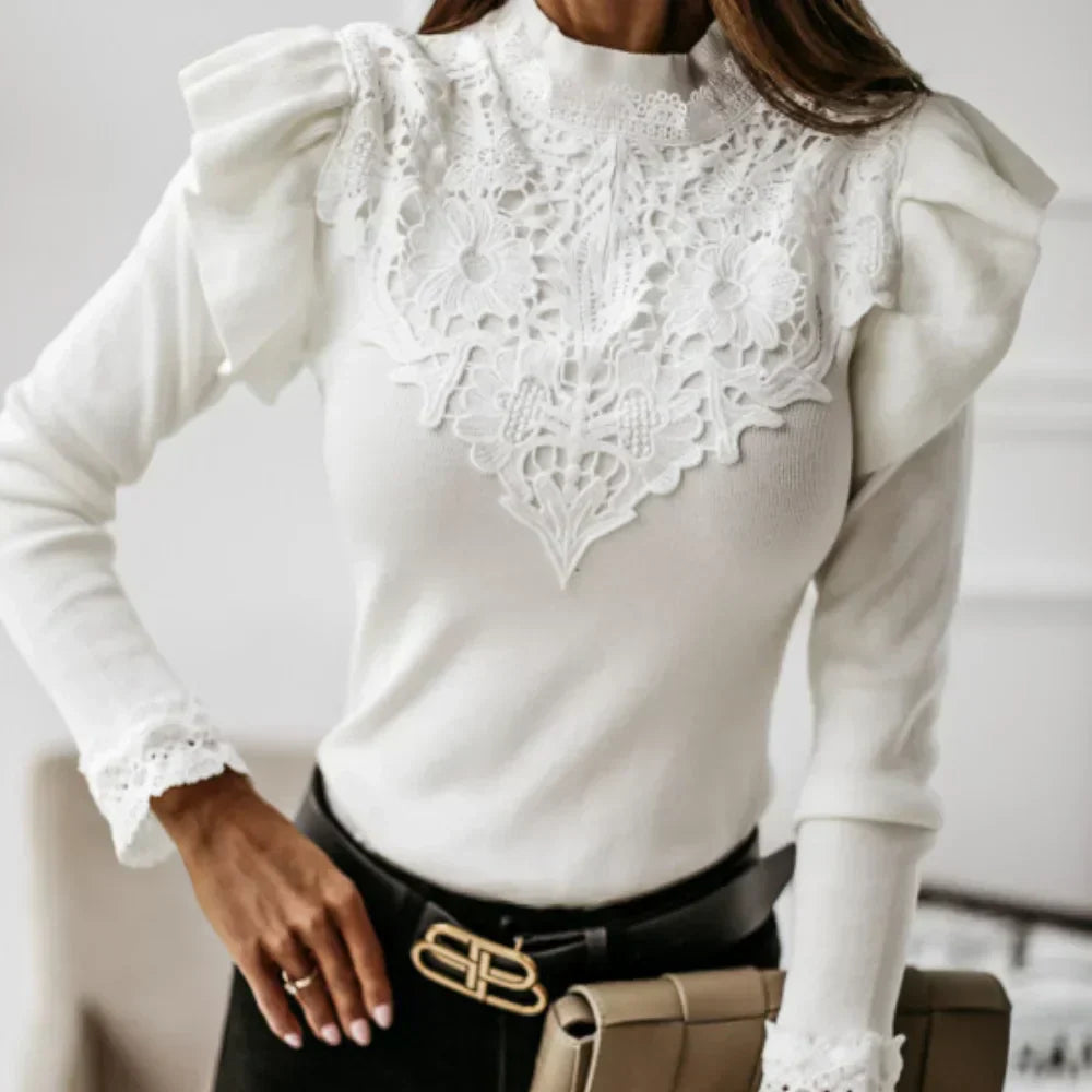 Levoire | Pull Avec Col, Volants Et Dentelle_Détails Blanc