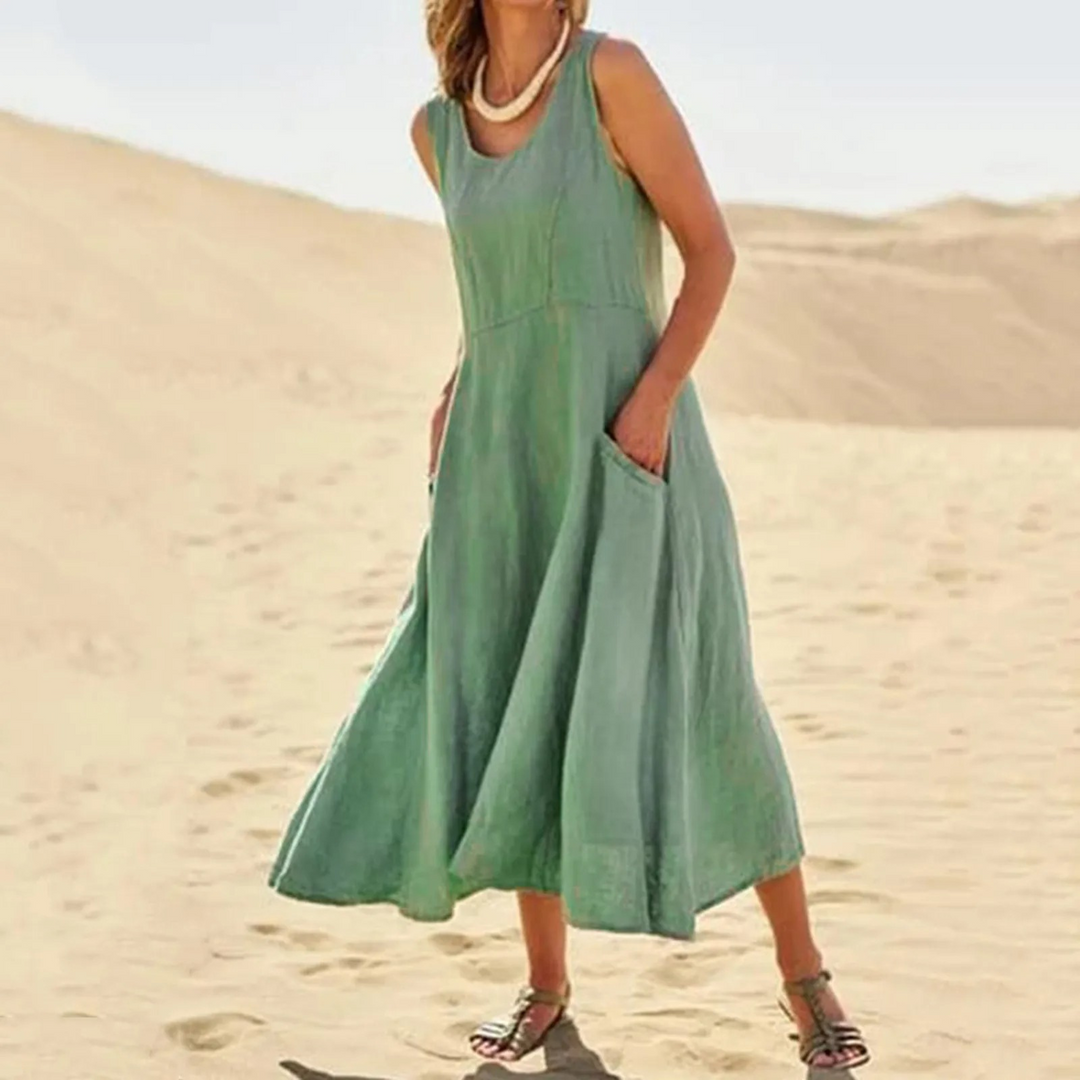 Levoire | Robe En Lin Élégante Doublée Avec Col Rond Vert