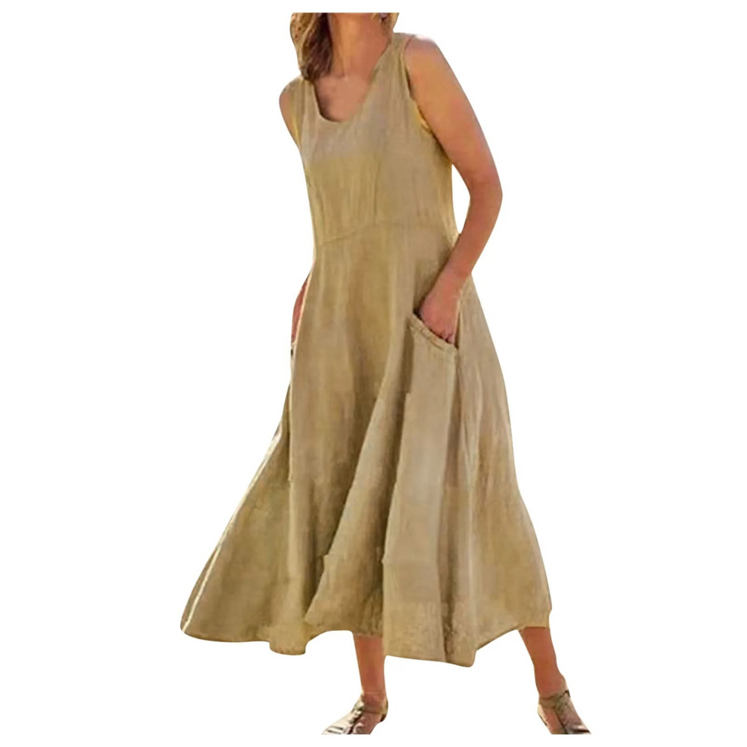 Levoire | Robe En Lin Élégante Doublée Avec Col Rond Braun