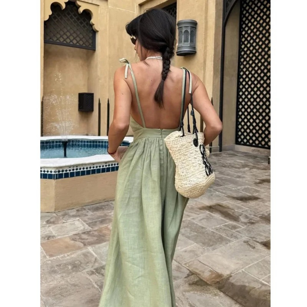 Levoire | Élégant Original Vert Confortable Robe En Lin