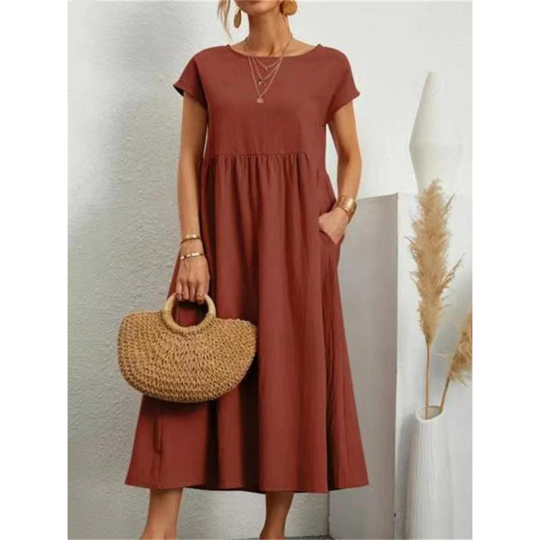 Levoire | Robe En Lin Élégante Avec Col Rond Brun foncé