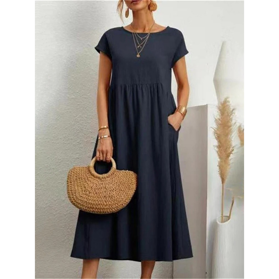 Levoire | Robe En Lin Élégante Avec Col Rond Bleu foncé