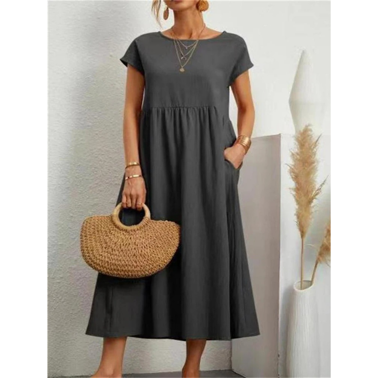 Levoire | Robe En Lin Élégante Avec Col Rond Gris