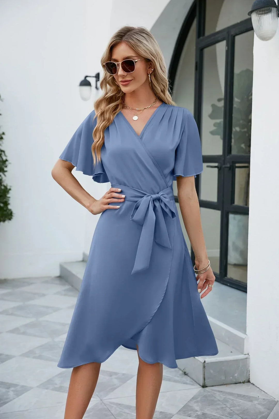 Levoire | Noé Robe Enveloppante Élégante Gris et Bleu