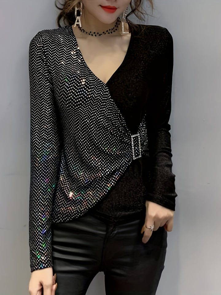 Levoire | Top Élégant En Sequins À Décolleté En V Avec Boucle Gris argenté