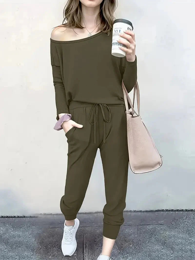 Levoire | Ensemble Deux Pièces Décontracté Chemise & Pantalon Pour Femmes Vert olive