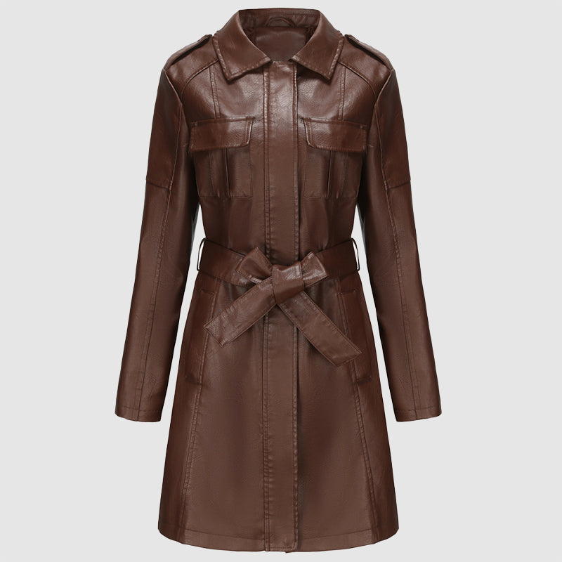 Levoire | Veste En Cuir Taille Moyenne Pour Femmes Avec Ceinture Braun