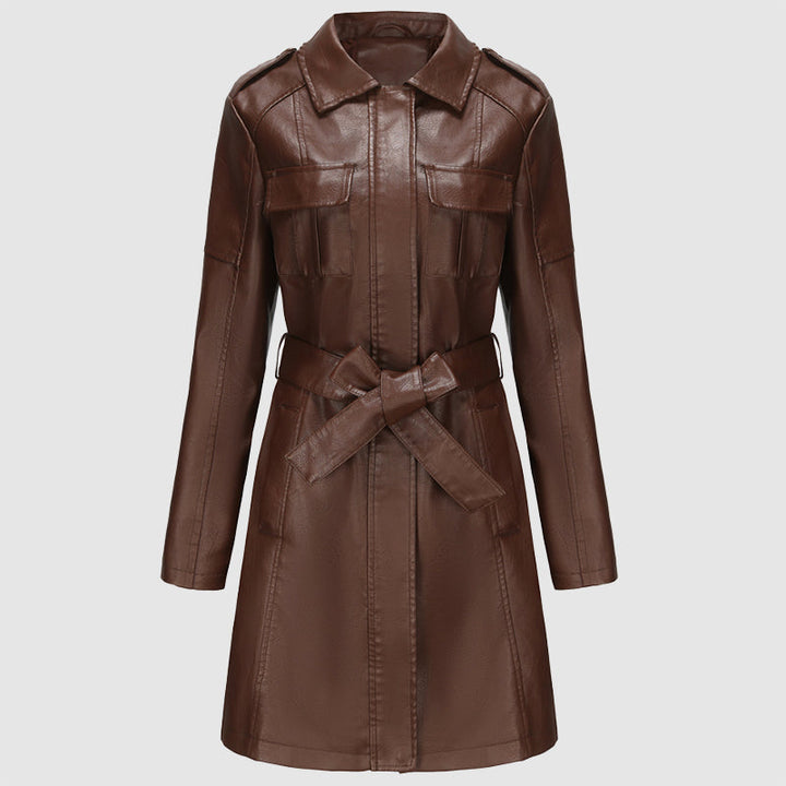 Levoire | Veste En Cuir Taille Moyenne Pour Femmes Avec Ceinture Braun