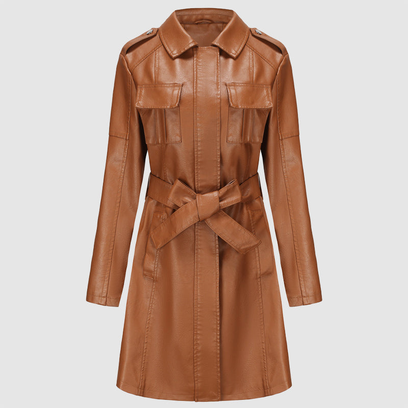 Levoire | Veste En Cuir Taille Moyenne Pour Femmes Avec Ceinture Khaki
