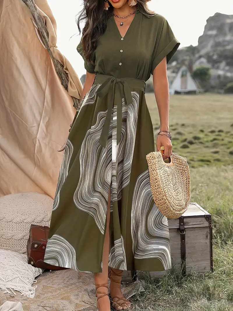 Levoire | Robe Maxi Élégante Avec Imprimé Moderne Vert olive