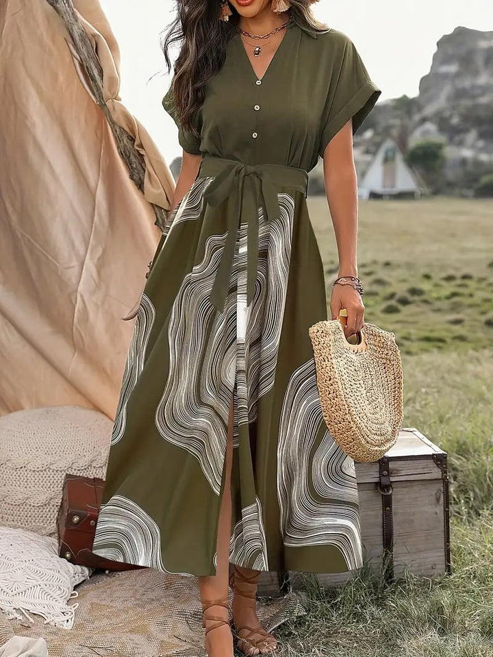 Levoire | Robe Maxi Élégante Avec Imprimé Moderne Vert olive