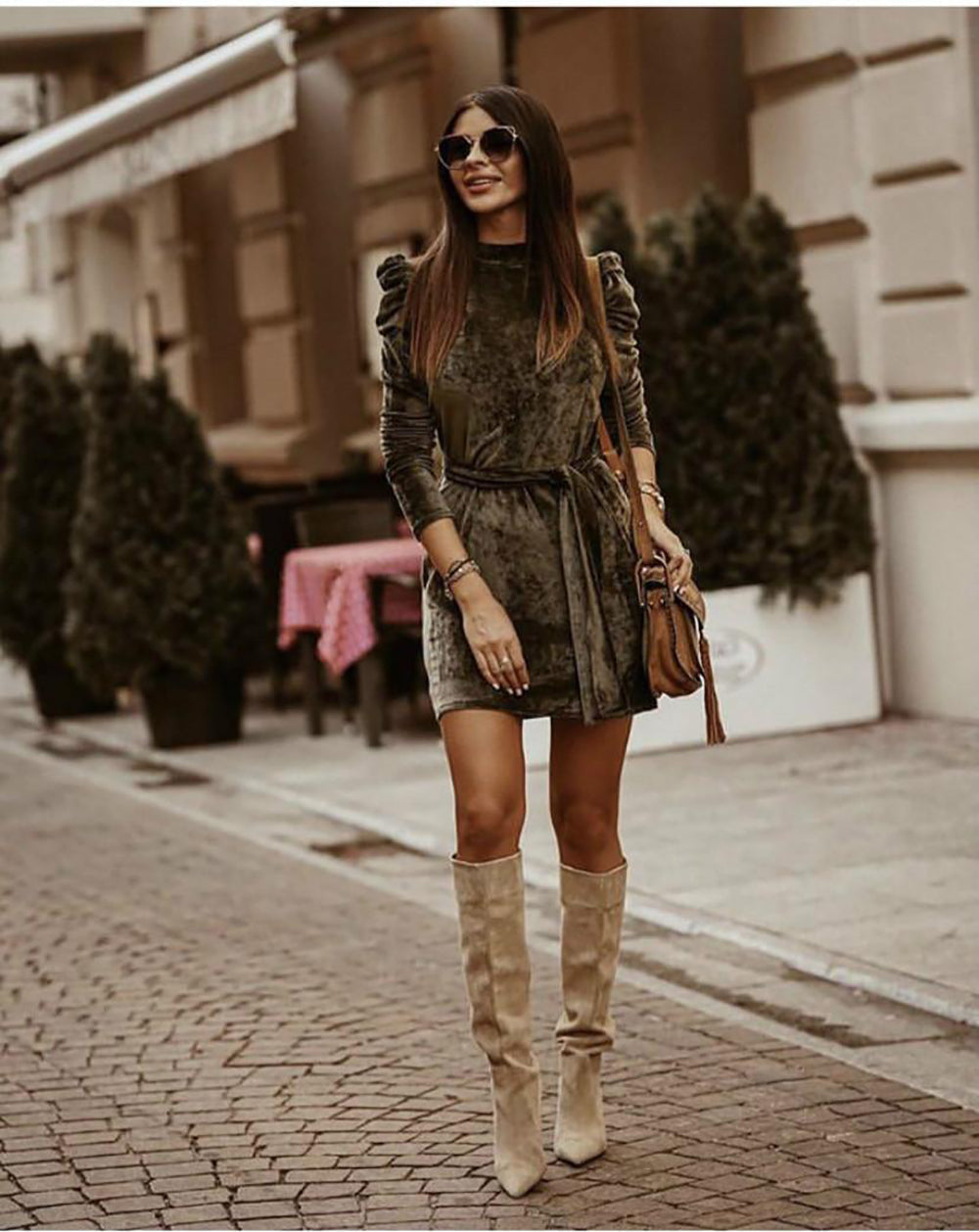 Levoire | Robe En Velours Robe Élégante Avec Manches Bouffantes Pour L'Automne Gris foncé