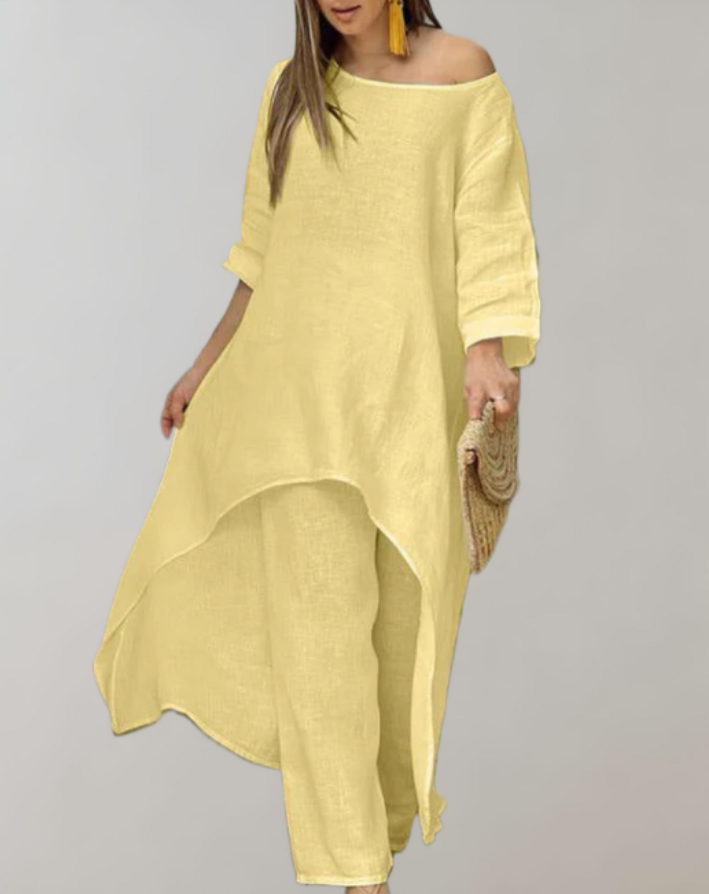 Levoire | Tunique Robe Et Pantalon Ensemble 2 Pièces Moderne Élégant Accessoire Jaune