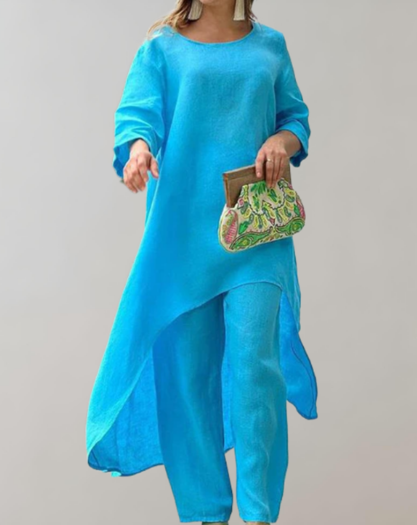 Levoire | Tunique Robe Et Pantalon Ensemble 2 Pièces Moderne Élégant Accessoire Bleu clair