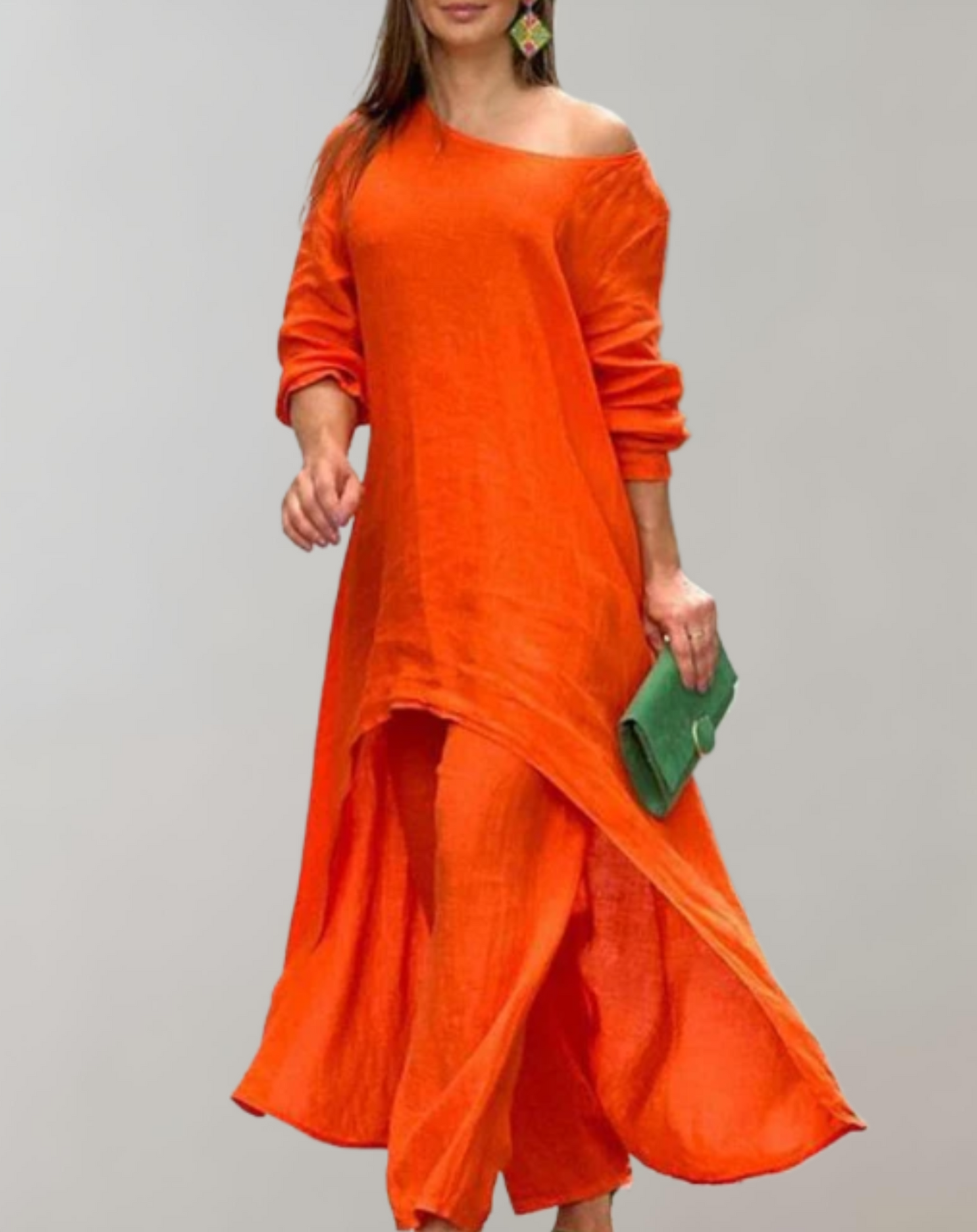 Levoire | Tunique Robe Et Pantalon Ensemble 2 Pièces Moderne Élégant Accessoire Orange
