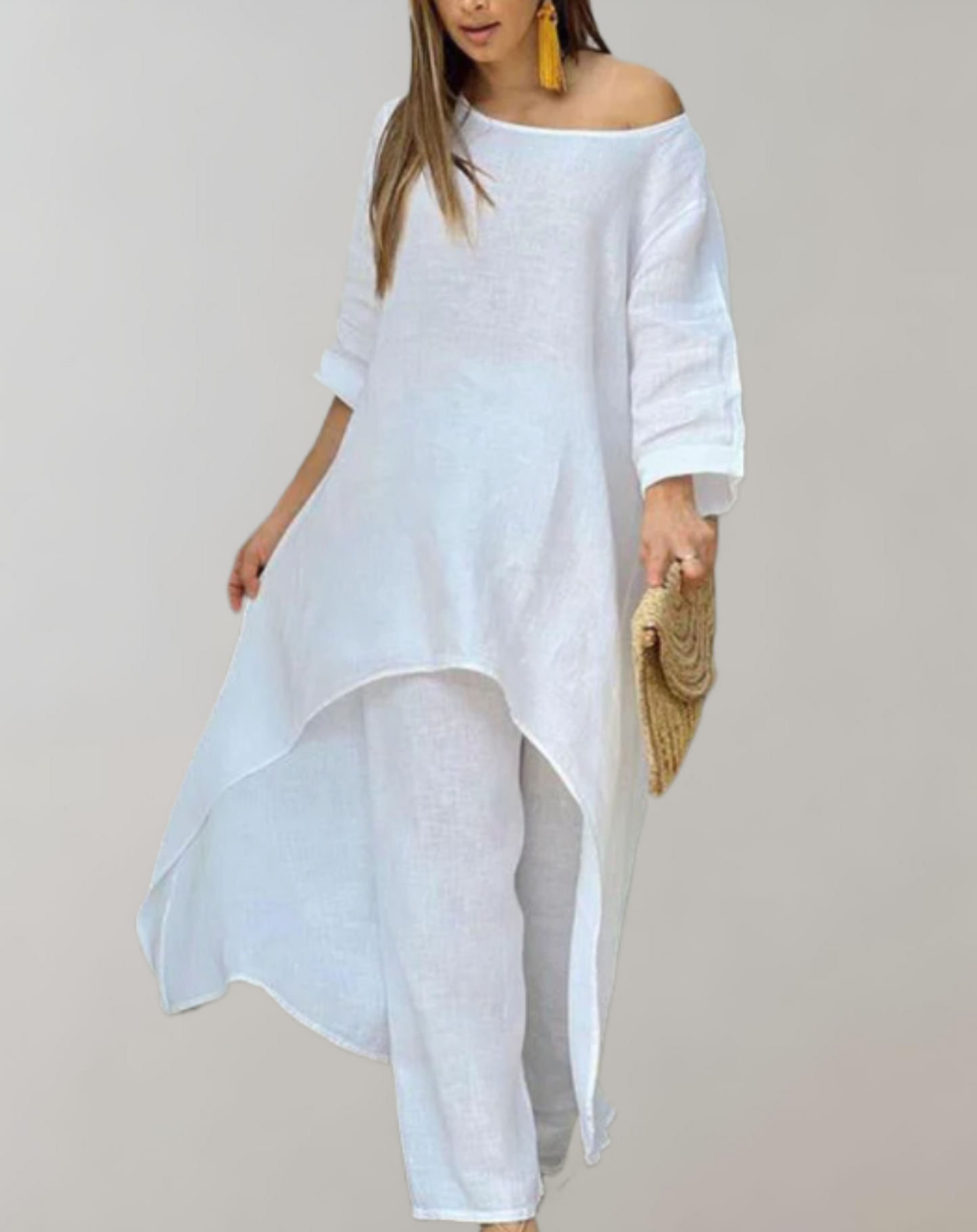 Levoire | Tunique Robe Et Pantalon Ensemble 2 Pièces Moderne Élégant Accessoire Blanc