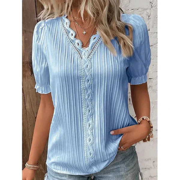 Levoire | Blouse Élégante Avec Décolleté En V Et Dentelle Bleu