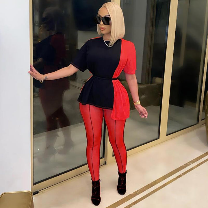 Levoire | pantalon asymétrique sans manches avec ceinture et top ROUGE