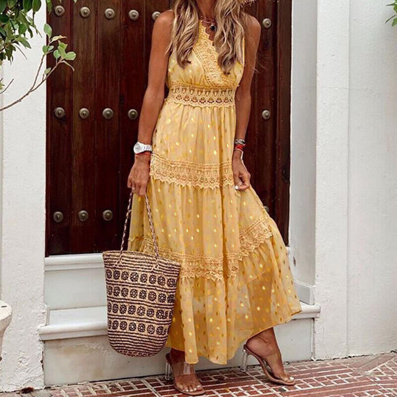 Levoire | Robe Maxi Belle Boho En Dentelle Robe D'Été Pour Toutes Les Occasions Jaune