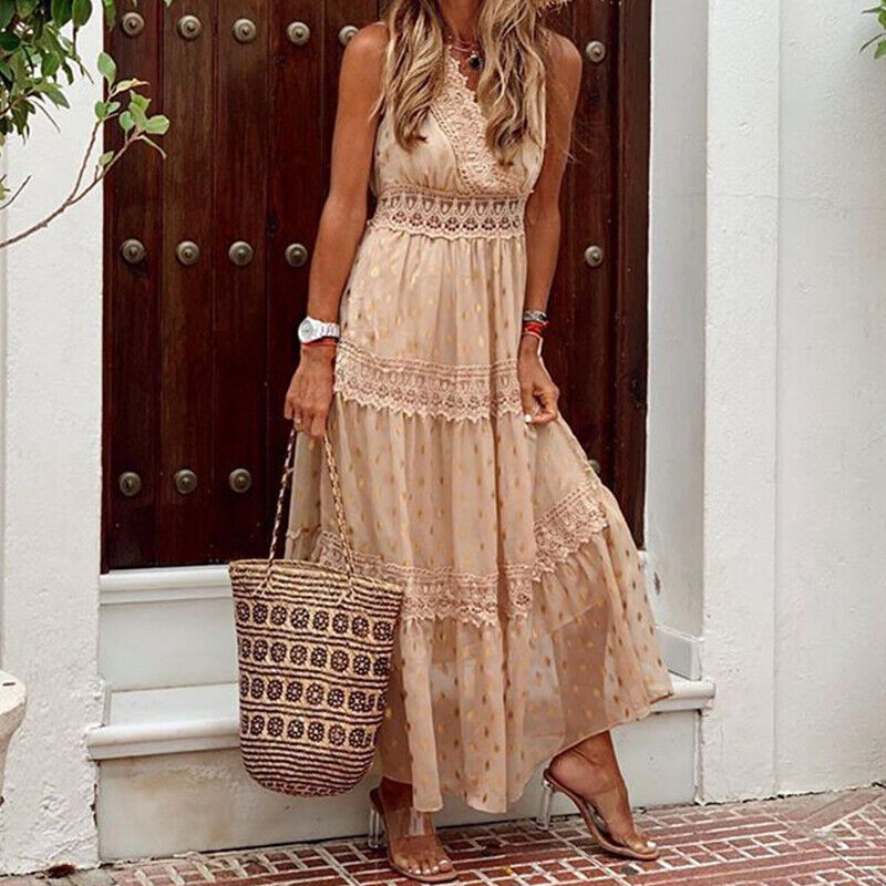 Levoire | Robe Maxi Belle Boho En Dentelle Robe D'Été Pour Toutes Les Occasions Kaki