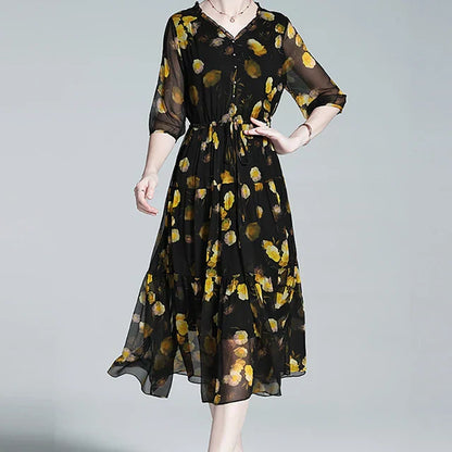 Levoire | Robe en mousseline florale pour femmes - Noir Noir