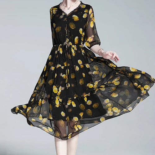 Levoire | Robe en mousseline florale pour femmes - Noir