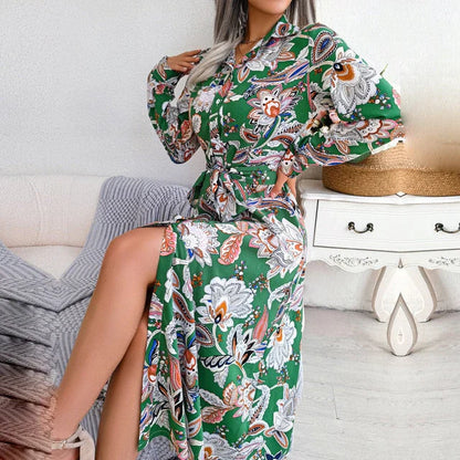 Levoire | Élégante Robe À Manches Longues Avec Motif Floral Vert