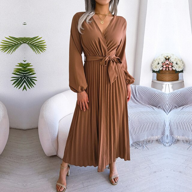 Levoire | Robe Élégante À Col En V Plissée Pour Femmes Café