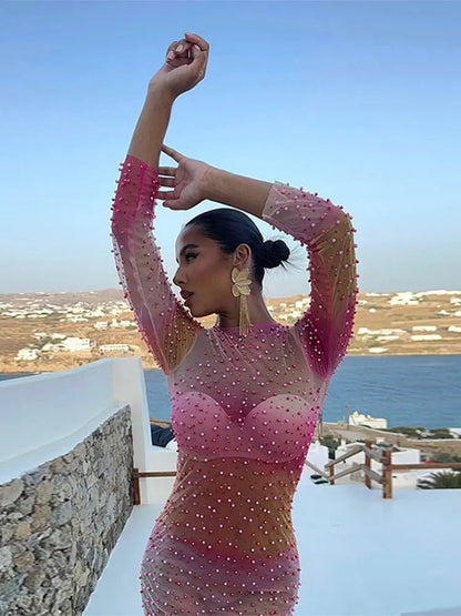 Levoire | Robe Longue À Manches Longues En Perle Filet Rose