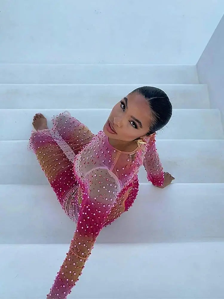 Levoire | Robe Longue À Manches Longues En Perle Filet Rose