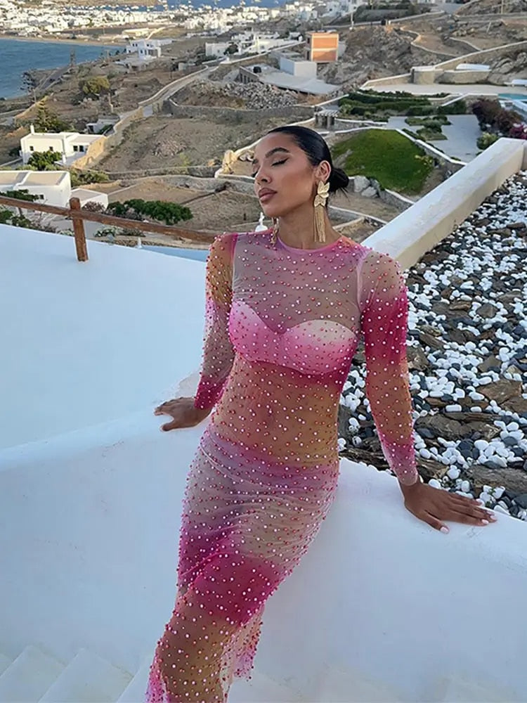 Levoire | Robe Longue À Manches Longues En Perle Filet Rose Rosa