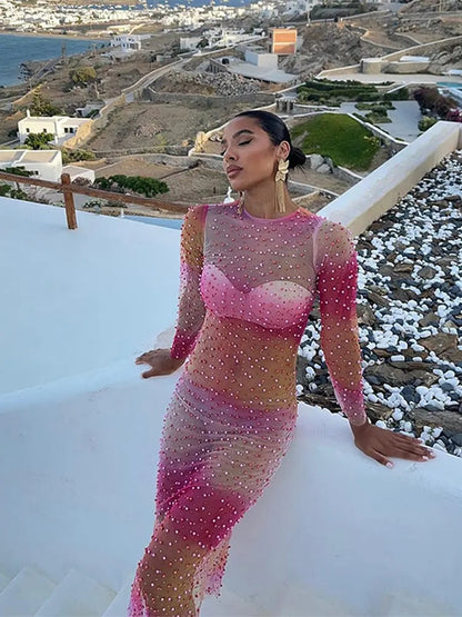 Levoire | Robe Longue À Manches Longues En Perle Filet Rose Rosa