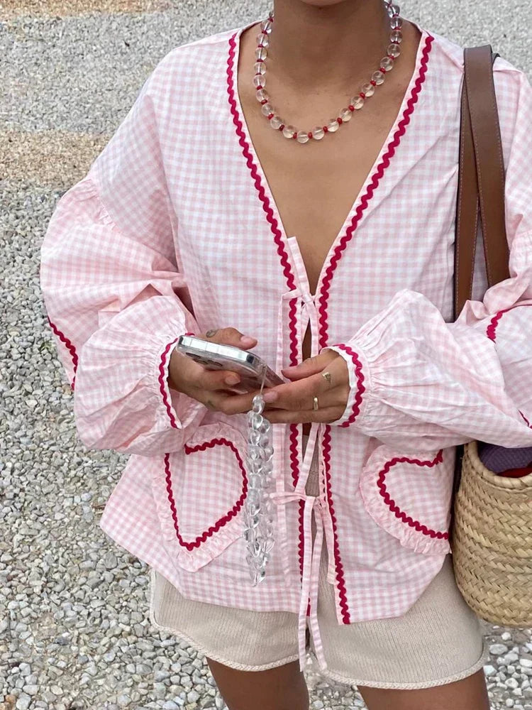 Levoire | Chemise En Soie À Motifs De Cœur À Manches Longues Pour Femmes Rosa
