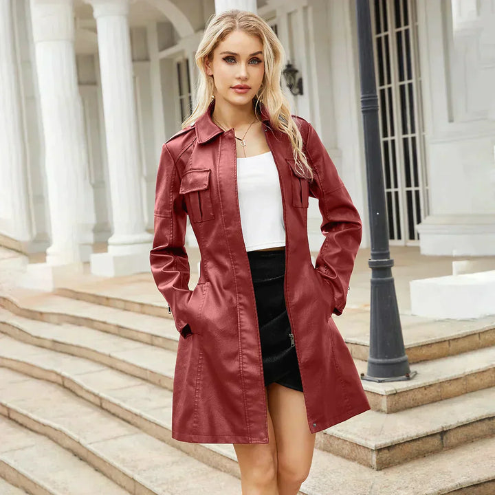 Levoire | Veste En Cuir Mi-Longue Ceinturée Veste En Cuir Longue Veste En Cuir Pour Femmes Rot