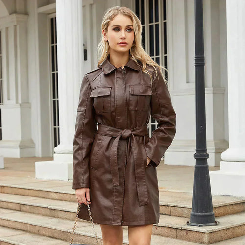 Levoire | Veste En Cuir Mi-Longue Ceinturée Veste En Cuir Longue Veste En Cuir Pour Femmes