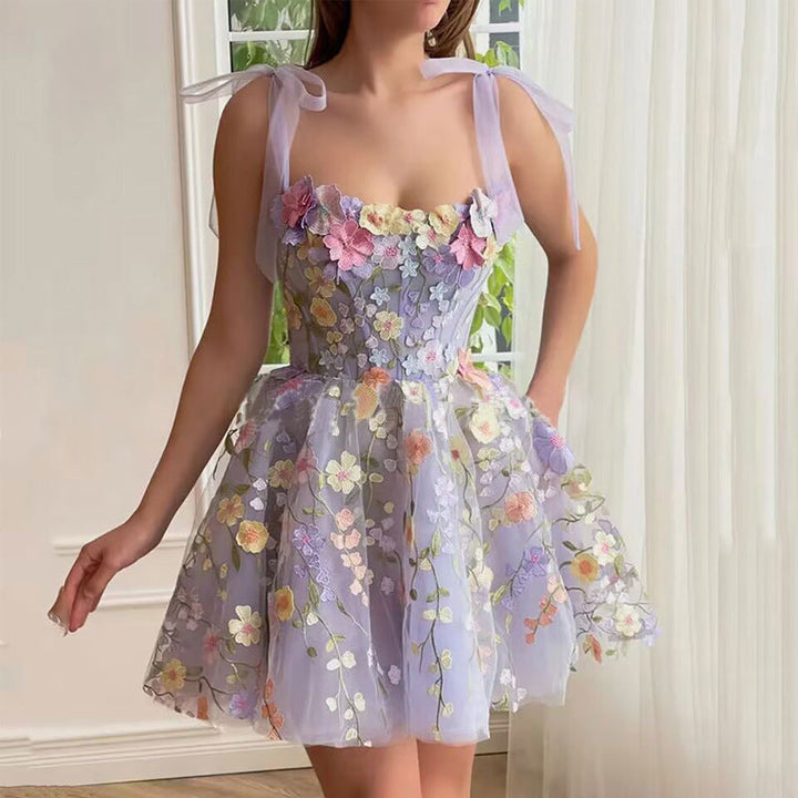 Levoire | Sans Manches Bretelles Spaghetti Robe À Fleurs Robe D'Été Jupe courte Lilas