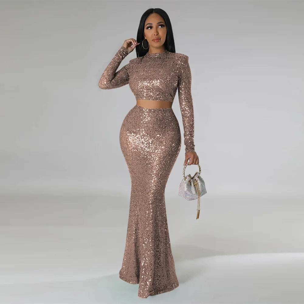 Levoire | Crop Top À Col Rond Pailleté & Ensemble Jupe Maxi Khaki