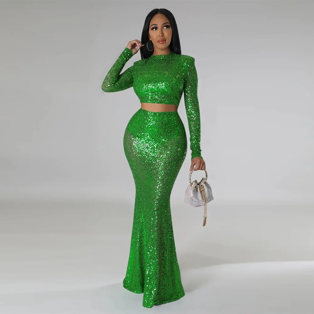 Levoire | Crop Top À Col Rond Pailleté & Ensemble Jupe Maxi Vert