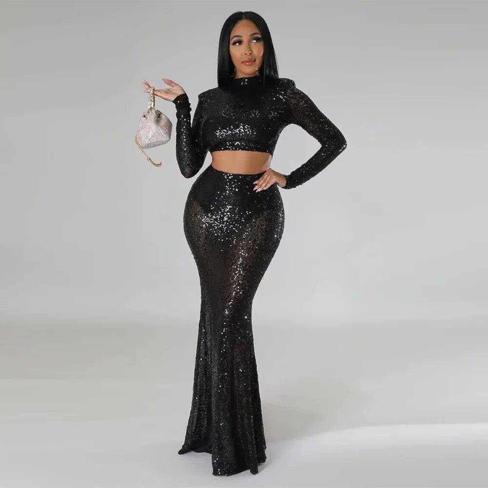 Levoire | Crop Top À Col Rond Pailleté & Ensemble Jupe Maxi Noir