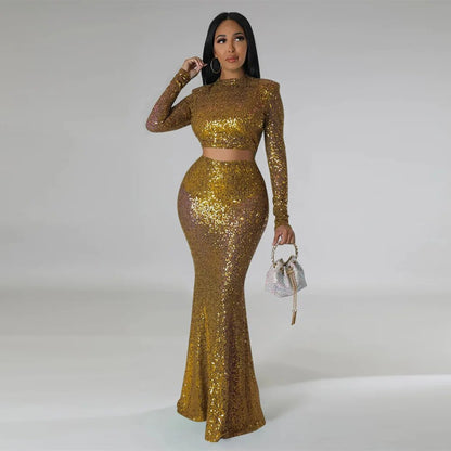 Levoire | Crop Top À Col Rond Pailleté & Ensemble Jupe Maxi Gull