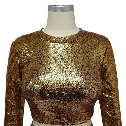 Levoire | Crop Top À Col Rond Pailleté & Ensemble Jupe Maxi