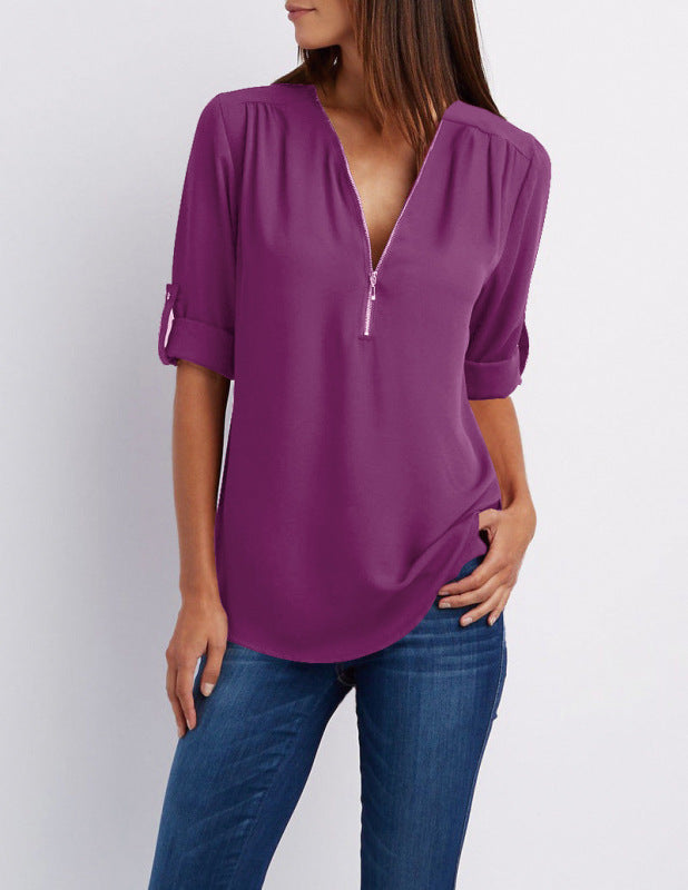 Levoire | V-ouvert zip grande taille pour femmes à manches longues tricot ample pendule chemise chiffon Violet