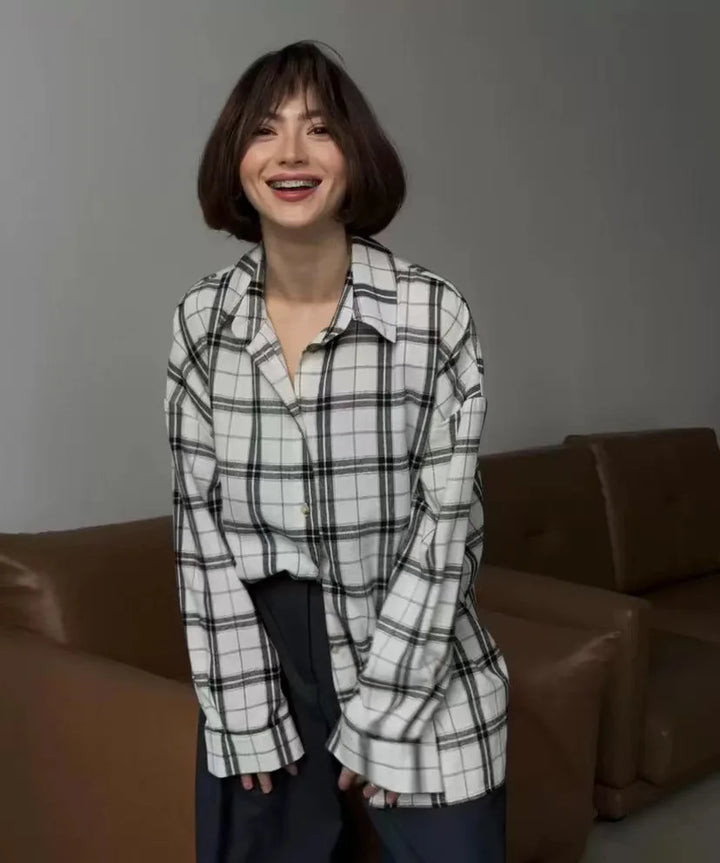 Levoire | Coton Motif À Carreaux Chemise Grande Taille Chemises Pour Femmes Blanc
