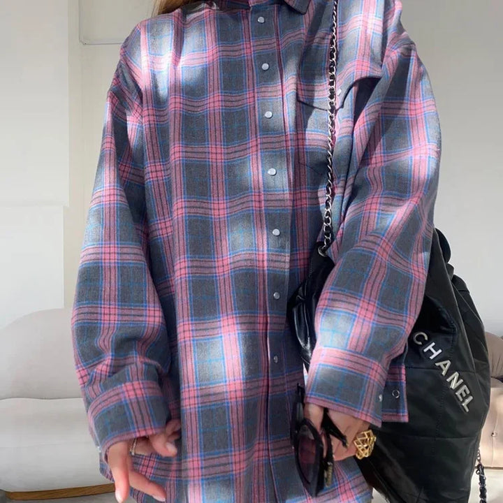 Levoire | Coton Motif À Carreaux Chemise Grande Taille Chemises Pour Femmes Rosa