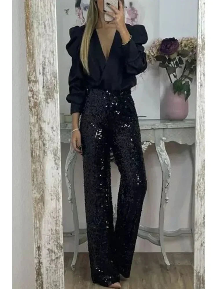 Levoire | Pantalon Brillant Évasé Pantalon À Paillettes Femme Noir