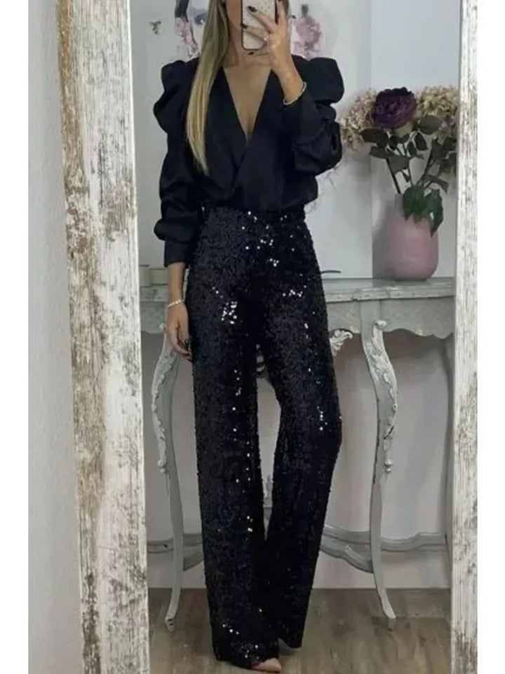 Levoire | Pantalon Brillant Évasé Pantalon À Paillettes Femme Noir