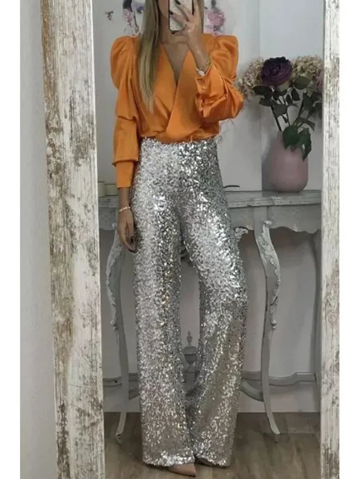 Levoire | Pantalon Brillant Évasé Pantalon À Paillettes Femme Argent