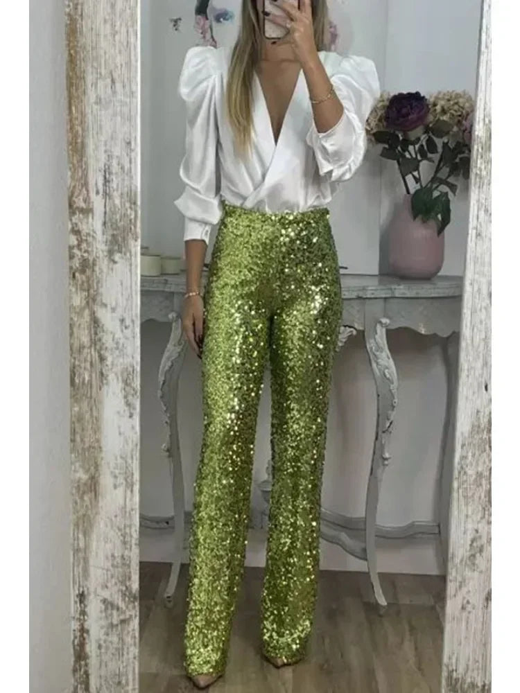 Levoire | Pantalon Brillant Évasé Pantalon À Paillettes Femme Vert