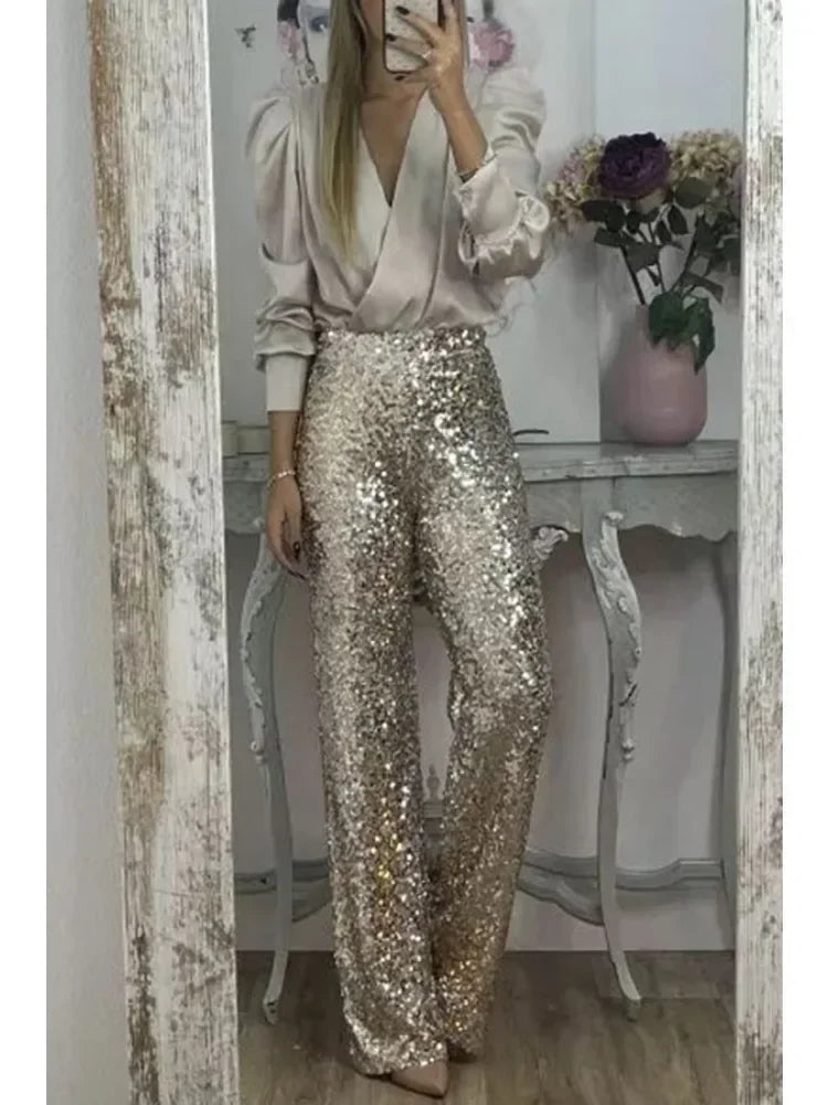 Levoire | Pantalon Brillant Évasé Pantalon À Paillettes Femme Or