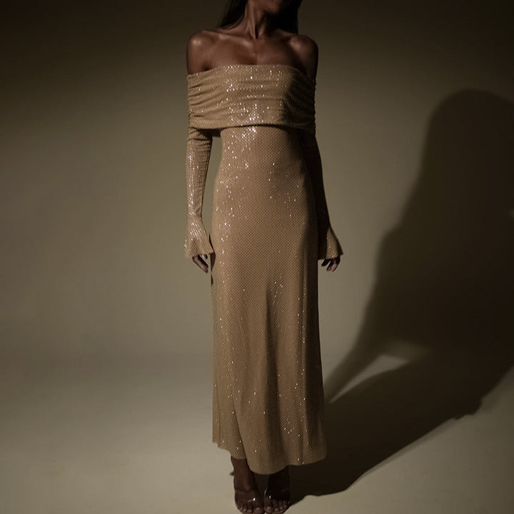Levoire | Robe Maxi Élégante Off Shoulder Robe De Fête Kaki